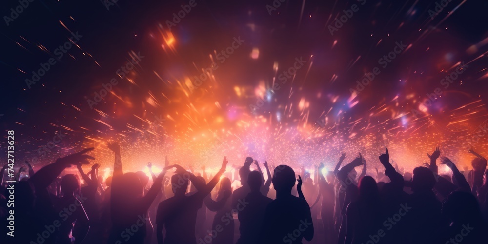 Poster a crowd of people enjoying fireworks display. suitable for festive events
