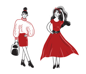 eautiful models woman standing and posing. Everyday look concept in black white red colors. Hand drawn vector sketch doodle flat illustration. Casual style clothes outfit. Skirt sweater backpack.