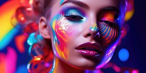 Close up of a woman with vibrant and colorful makeup, perfect for beauty and fashion concepts