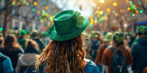 Foto op Canvas People in green hats celebrating in vibrant St Patricks Day parade. Concept St, Patrick's Day Parade, Celebrating with Green Hats, Vibrant Festivities, Joyful Gatherings, Community Celebration © Ян Заболотний