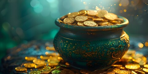 St Patricks Daythemed pot filled with gold coins festive holiday concept. Concept St, Patrick's Day, Pot of Gold, Festive Holiday, Lucky Charms, Irish Celebration - obrazy, fototapety, plakaty