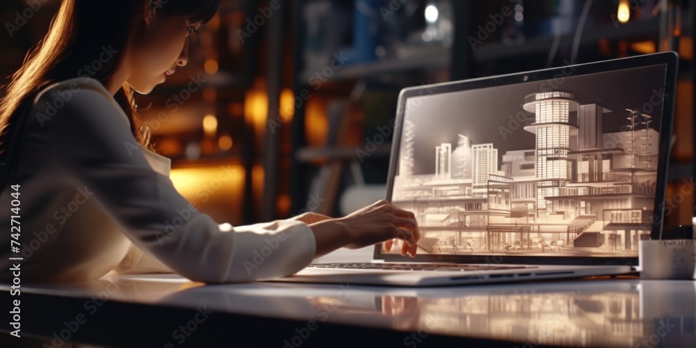 Poster A woman sitting at a desk using a laptop computer. Suitable for business and technology concepts