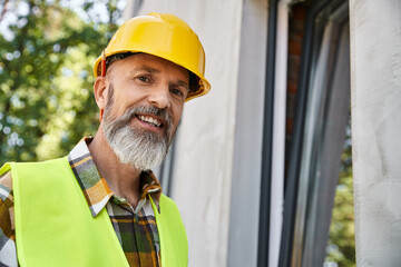 cheerful good looking cottage builder in vibrant safety vest and helmet smiling happily at camera - 742714038