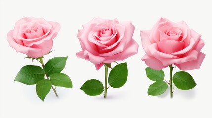 Three pink roses with green leaves on a clean white background. Perfect for wedding invitations or floral design projects
