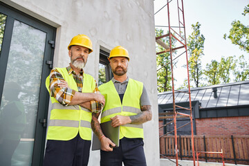 good looking devoted men in safety attires with laptop looking at camera while outdoors, builders