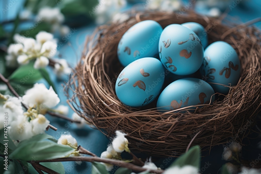 Poster Nest filled with blue eggs on blue table. Suitable for nature and Easter concepts