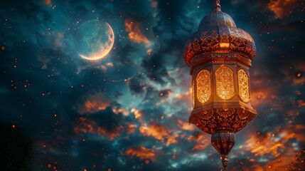 Ramadan Kareem background with moon and lanterns.