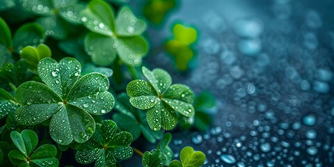 Vibrant green shamrocks symbolizing luck and St Patricks Day celebration. Concept St, Patrick's Day, Green Shamrocks, Celebration, Luck, Festive Symbols - obrazy, fototapety, plakaty