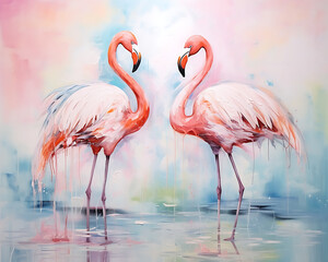 flamingo bird oil painting artwork - hand painted long neck beak tropical bird colorful whimsical watercolor illustration canvas art portrait - acrylic painting coastal landscape wallpaper background