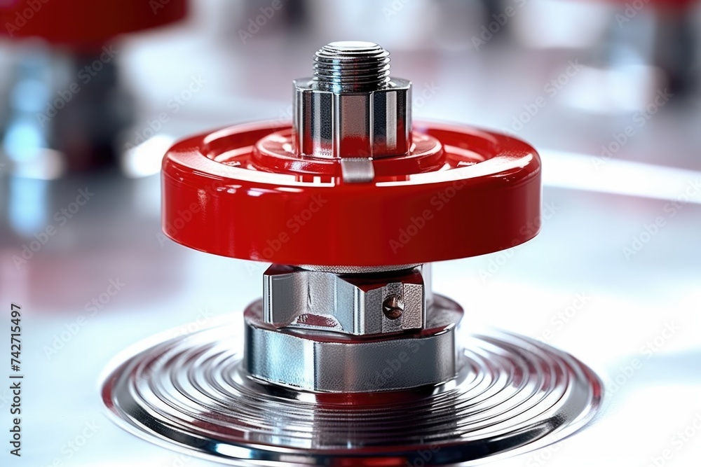 Poster detailed shot of a red fire hydrant on a table. ideal for urban infrastructure concepts