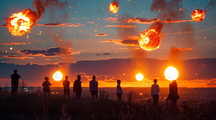 People on top of a hill watching fireballs falling from the sky Final Biblical Events Generative AI Illustration