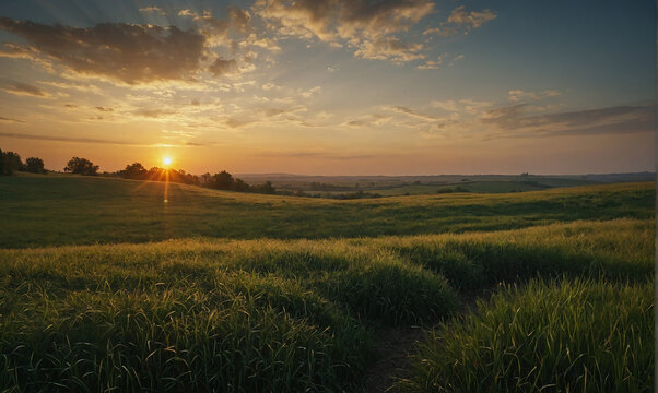 wonderful epic nature landscape of a sun rising at the horizon with a grass field in front