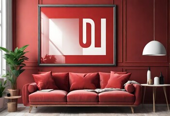 Poster frame mock-up in home interior background, living room in red tones