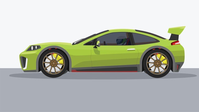 Written without a draft concept vector illustration of detailed side of a flat green sports car with car racer inside car. with shadow of car on reflected from the ground below. Separate layers.