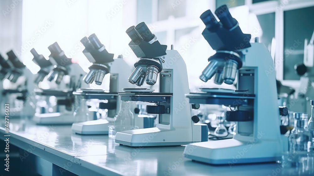 Aufkleber row of microscopes on a counter, suitable for scientific and educational projects