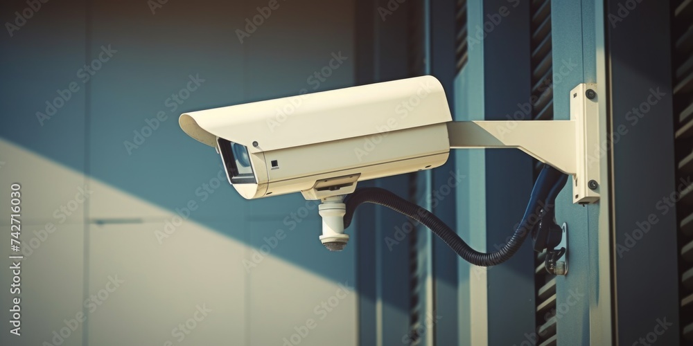 Poster security camera attached to building, ideal for security concepts