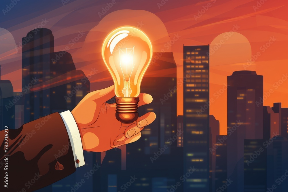 Poster hand holding a light bulb in front of a cityscape. suitable for business and innovation concepts