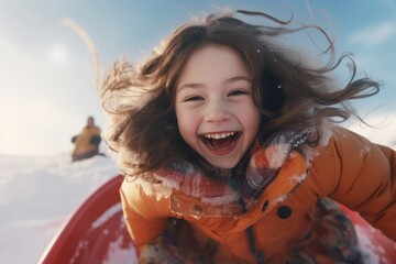 A young girl enjoying snowboarding down a snowy slope. Perfect for winter sports and outdoor activities