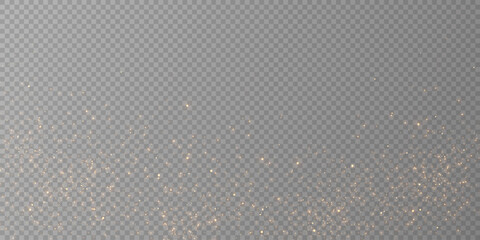 The dust sparks and golden stars shine with special light. Vector sparkles on a transparent background. Christmas light effect. Sparkling magical dust particles.