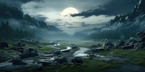 Obraz premium A serene river flowing through a lush green valley under the light of a full moon. Suitable for nature and landscape themes