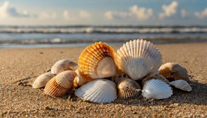 Fototapeta na wymiar Bunch of shells on the sea shore. Sandy beach. Ocean view. Summer time.