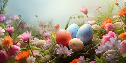 Fototapeta na wymiar Eggs resting on a nest surrounded by flowers. Suitable for spring and nature concepts