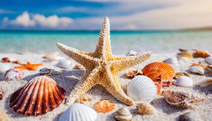 Fototapeta na wymiar Bunch of shells and starfish on the sea shore. Sandy beach. Ocean view. Summer time