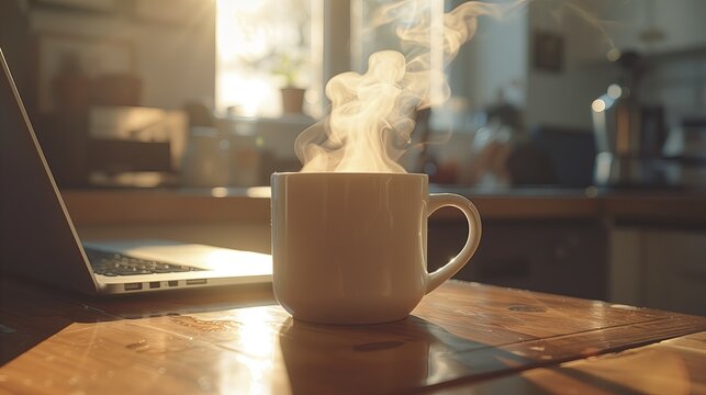 A cup of coffee and a laptop on the table. Morning coffee break. smoking coffee, sunlight