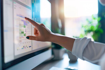 Close-up of a professional's hand pointing at interactive data on a computer monitor in a bright office setting..