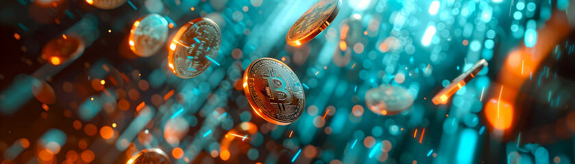 Golden bitcoins falling against a vibrant teal bokeh background, depicting cryptocurrency concept.