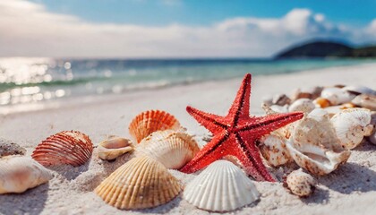 Fototapeta na wymiar Bunch of shells and starfish on the sea shore. Sandy beach. Ocean view. Summer time