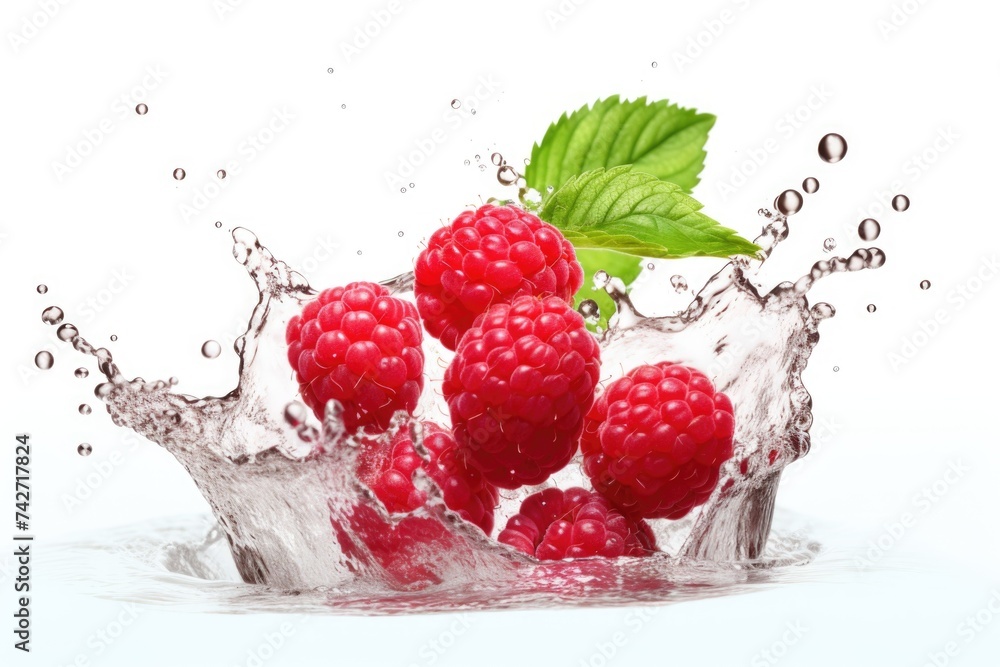 Poster fresh raspberries floating in a splash of water. great for food and beverage concepts