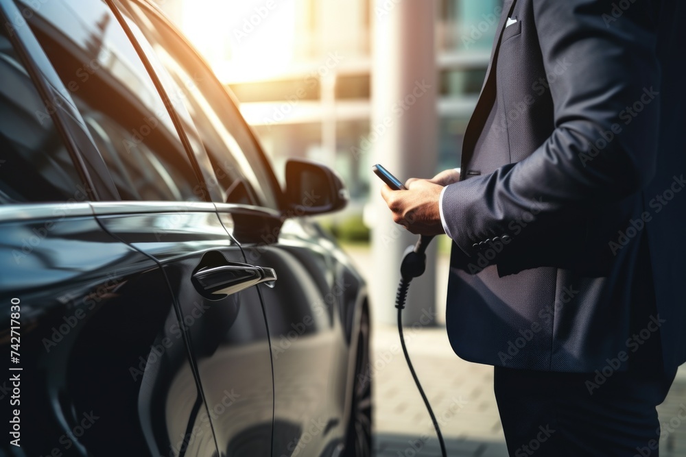 Poster a man in a suit holding a cell phone next to a car. ideal for business and technology concepts
