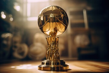 A shiny golden trophy displayed on a wooden table. Perfect for sports or achievement concepts