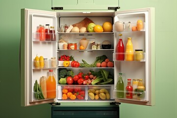 A refrigerator filled with a variety of food and drinks. Perfect for illustrating abundance and meal planning concepts