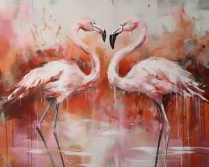 flamingo bird oil painting artwork - hand painted long neck beak tropical bird colorful whimsical watercolor illustration canvas art portrait - acrylic painting coastal landscape wallpaper background