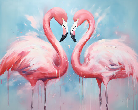 flamingo bird oil painting artwork - hand painted long neck beak tropical bird colorful whimsical watercolor illustration canvas art portrait - acrylic painting coastal landscape wallpaper background