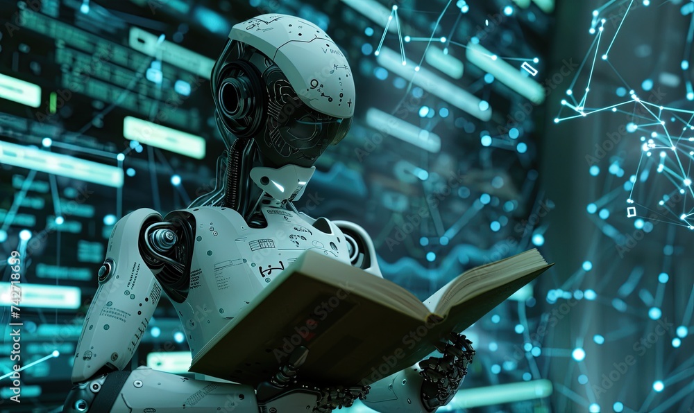 Poster illustration of robot humanoid reading book and solving math data analytics in concept of future mathematics artificial intelligence