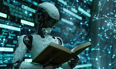 illustration of robot humanoid reading book and solving math data analytics in concept of future mathematics artificial intelligence