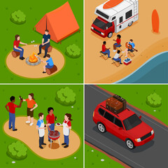 Isometric picnic square illustration set with families having lunch in a park and on the beach