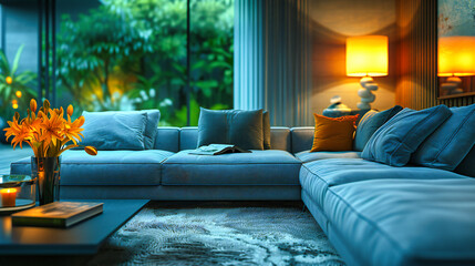 Contemporary Living Room Design: A Modern Sofa Set in a Bright Interior with Elegant Decor and Comfortable Furnishings