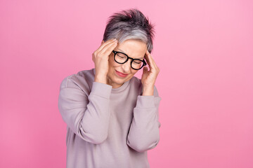 Photo of sad exhausted tired woman hand touch temples suffering migraine symptom syndrome feel...