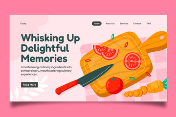 Hand drawn flat cooking landing page template with a cutting board and tomatoes