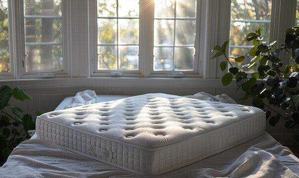 A detailed view of a mattress placed on a clean white surface. Suitable for showcasing bedding products and interior design concepts
