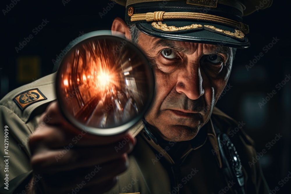 Poster a man in uniform examining with a magnifying glass. ideal for detective or investigation concepts