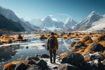 A man looking at a glacier in freezing sunny weather. - Powered by Adobe