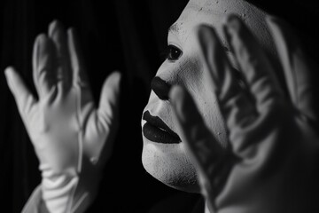 A mimes dramatic pause white gloves and face standing out against the enveloping darkness - obrazy, fototapety, plakaty