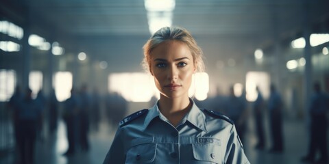 Fototapeta premium A woman in uniform standing in a hallway, suitable for professional and corporate concepts