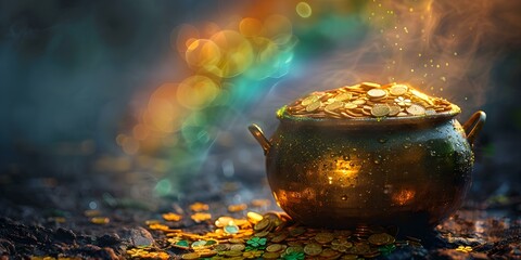 St Patricks Day magic Pot of gold rainbow leprechauns treasure trove. Concept St, Patrick's Day, Magic Pot of Gold, Rainbow, Leprechauns, Treasure Trove - obrazy, fototapety, plakaty