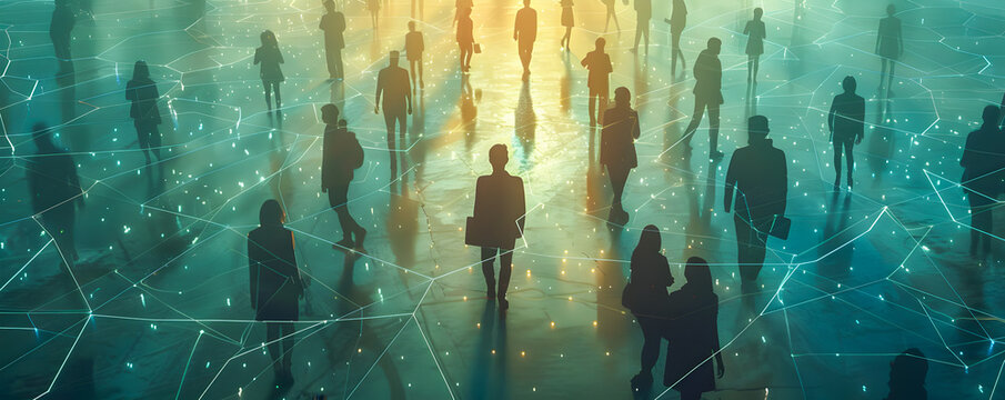 Silhouettes of business professionals connected by digital network lines, illustrating corporate networking and teamwork.